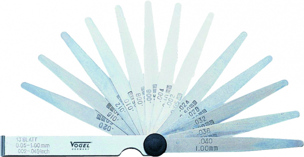 Fühlerlehren-Satz. einzeln in Folie. 0.05 - 1.00 mm / .002 - .040  inch. 13 Blatt